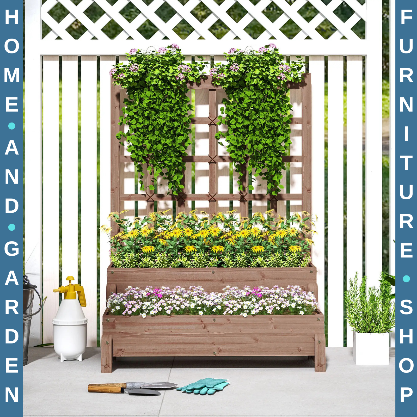 2 Tier Raised Wooden Garden Planter Box with Trellis & Drainage Hole Outdoor Bed