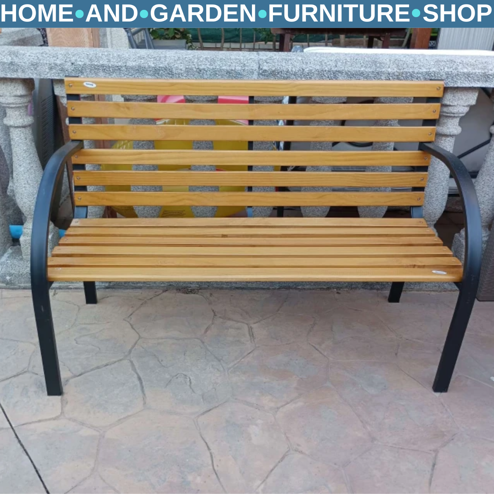 2 Seater Garden Bench Metal Legs Wooden Slatted Seat Backrest Patio Chair Bench