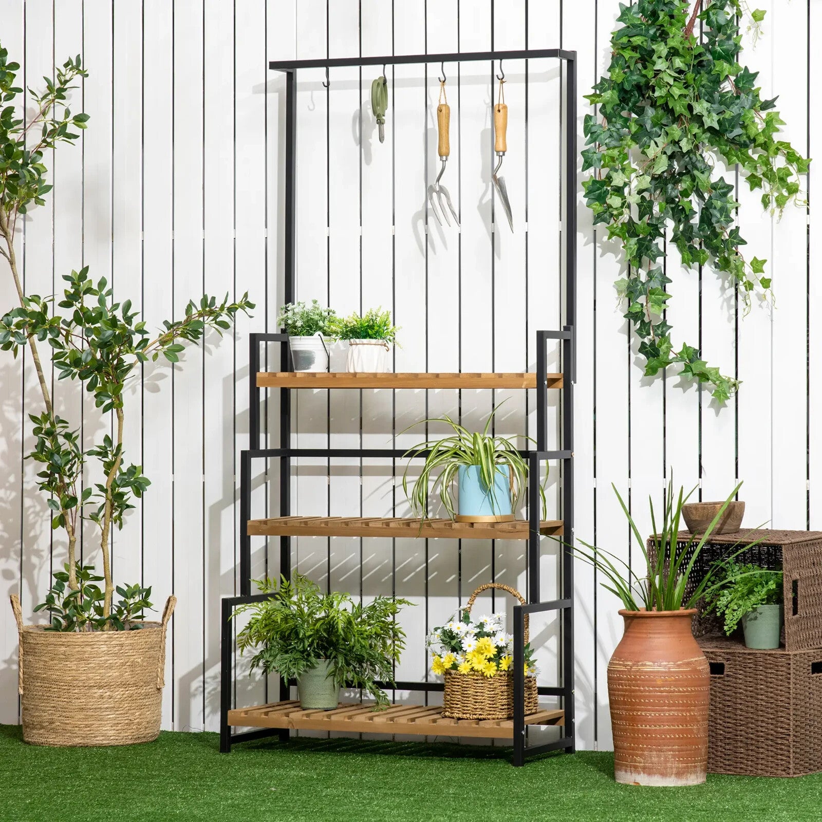 3 Tier Plant Stand w/ Hooks Indoor Outdoor Flower Rack Balcony Garden Shelf Unit