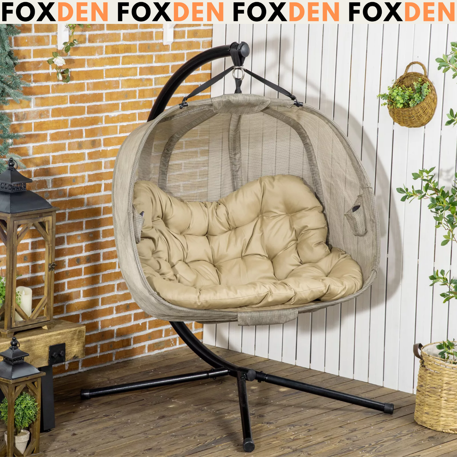 Double Hanging Egg Chair 2 Seater Swing Hammock Cocoon Cushion Side Phone Holder
