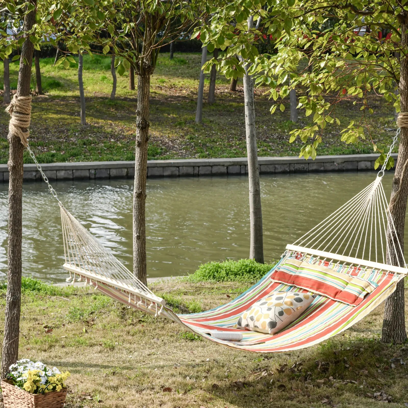 Hanging Bed Hammock Cotton Swing Rectangular with Padded Pillow Red Stripe