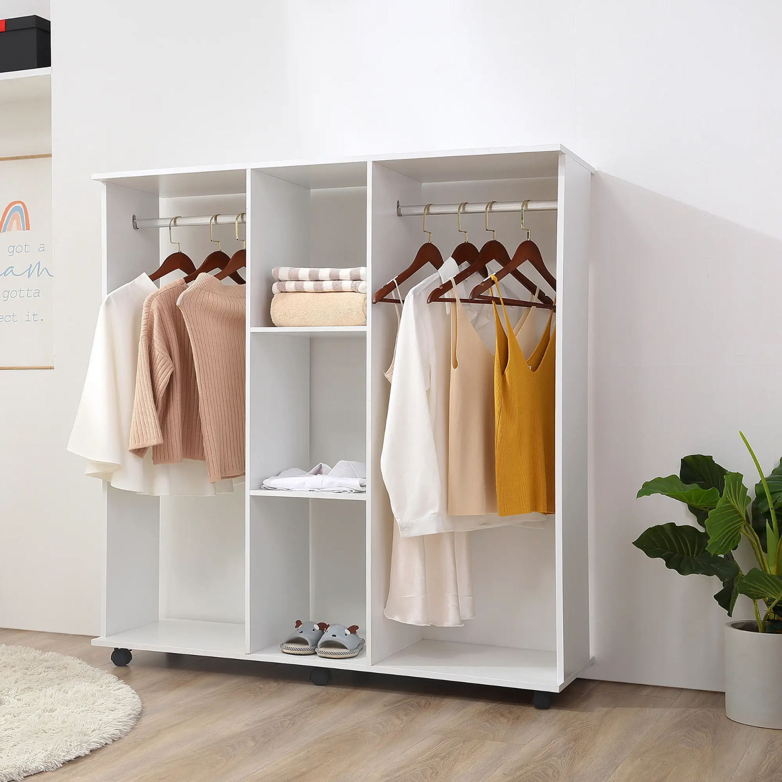Mobile Open Wardrobe Clothes Hanging Rail Storage Shelves Metal Rail on 6 Wheels