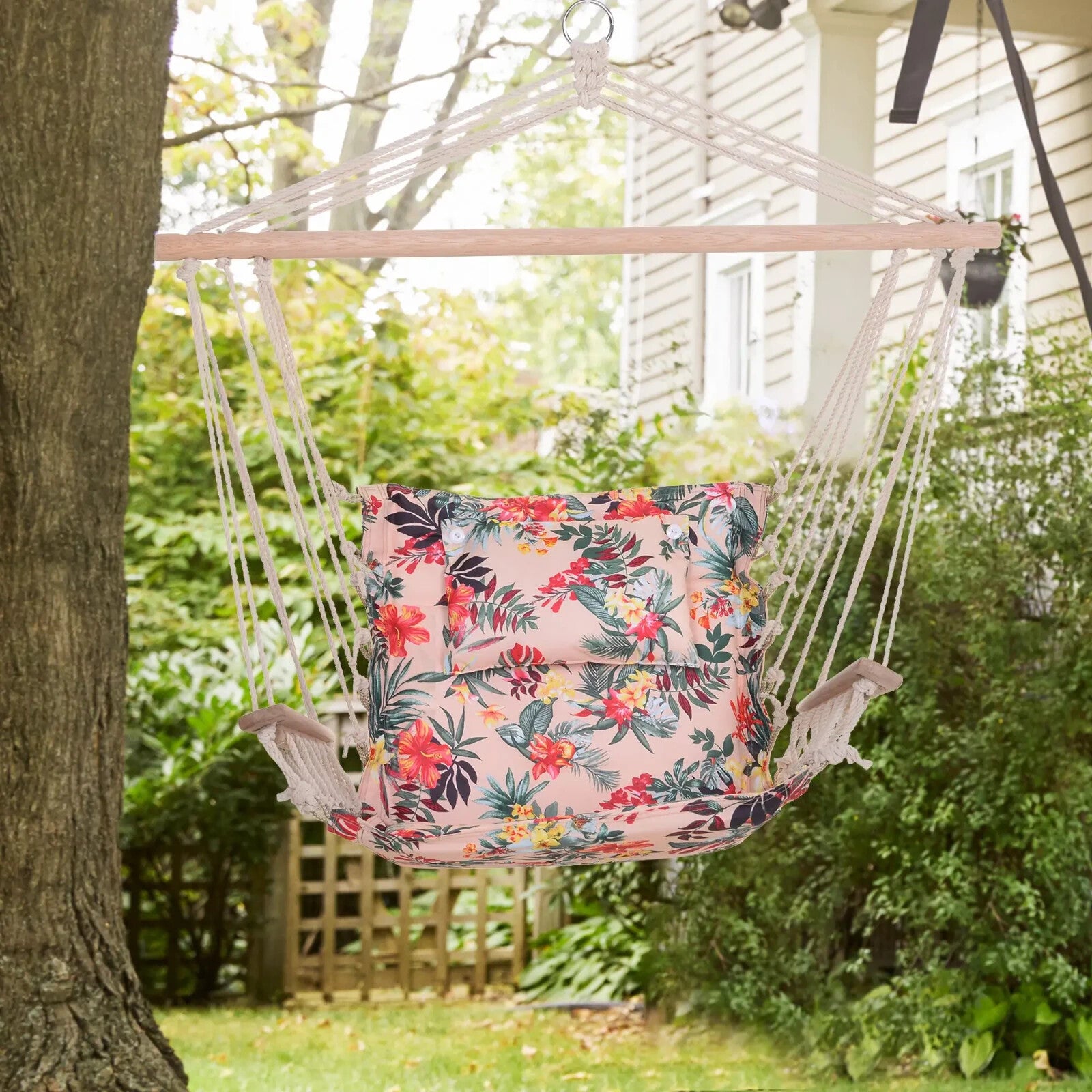 Hammock Hanging Chair Thick Rope Swing with Padded Cushion Multi-Colour Floral