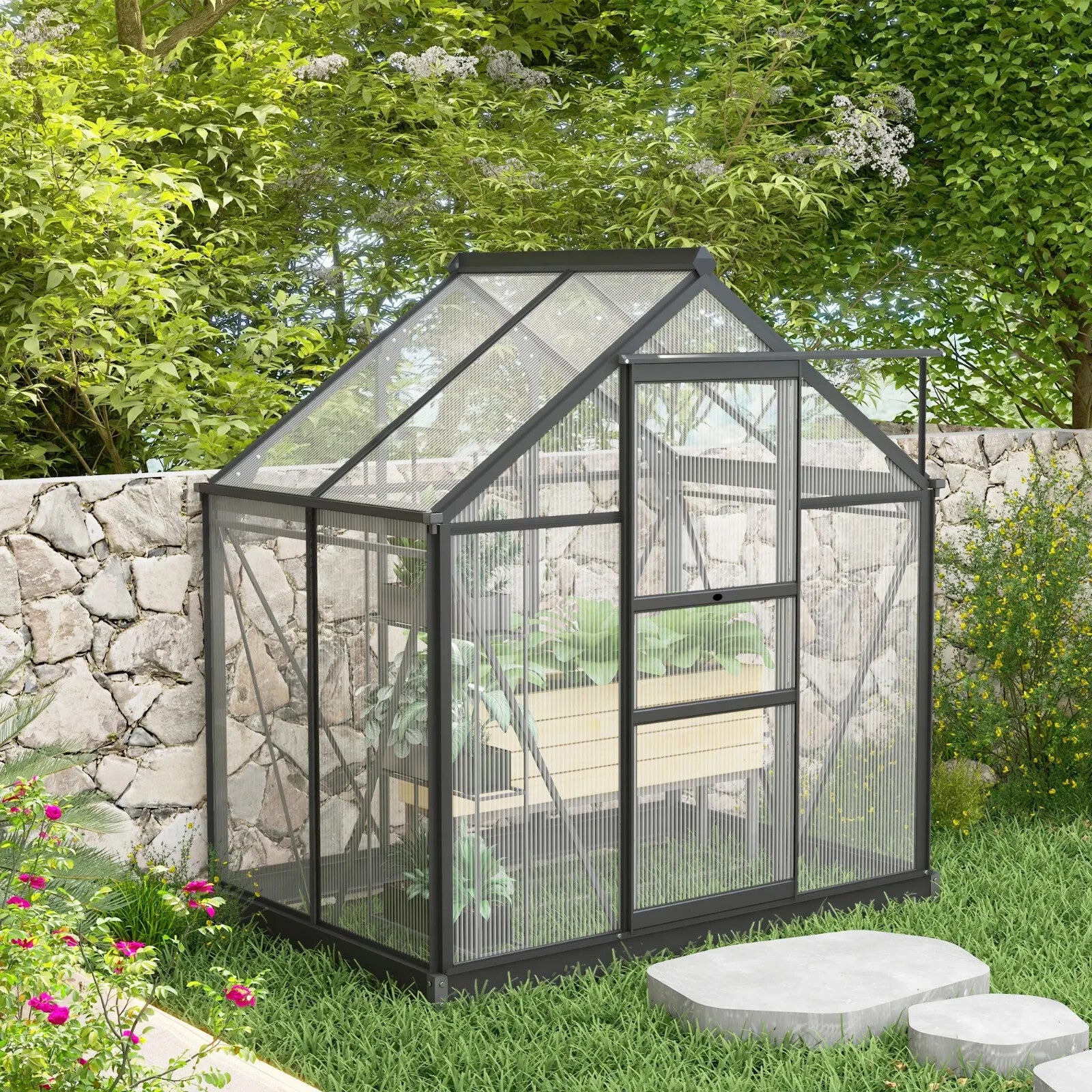Large Walk-In Polycarbonate Greenhouse Aluminium Frame Galvanised Base Garden