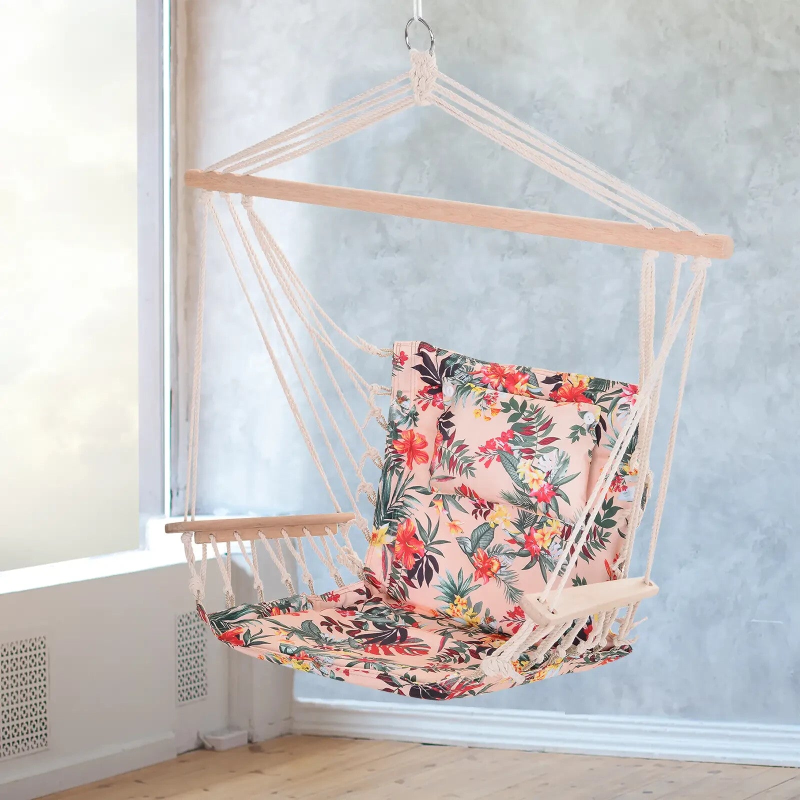 Hammock Hanging Chair Thick Rope Swing with Padded Cushion Multi-Colour Floral