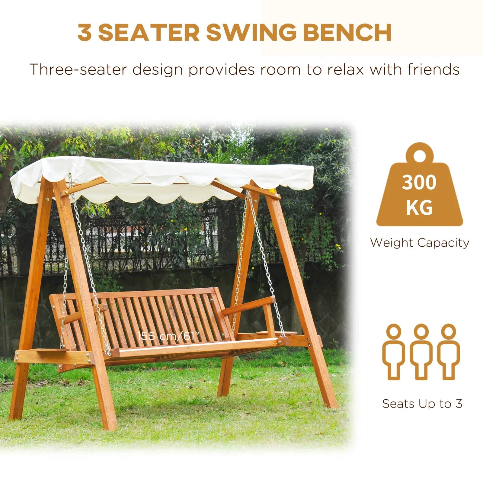 3 Seater Wooden Garden Swing Bench Outdoor Patio Chair w/ Backrest Canopy White