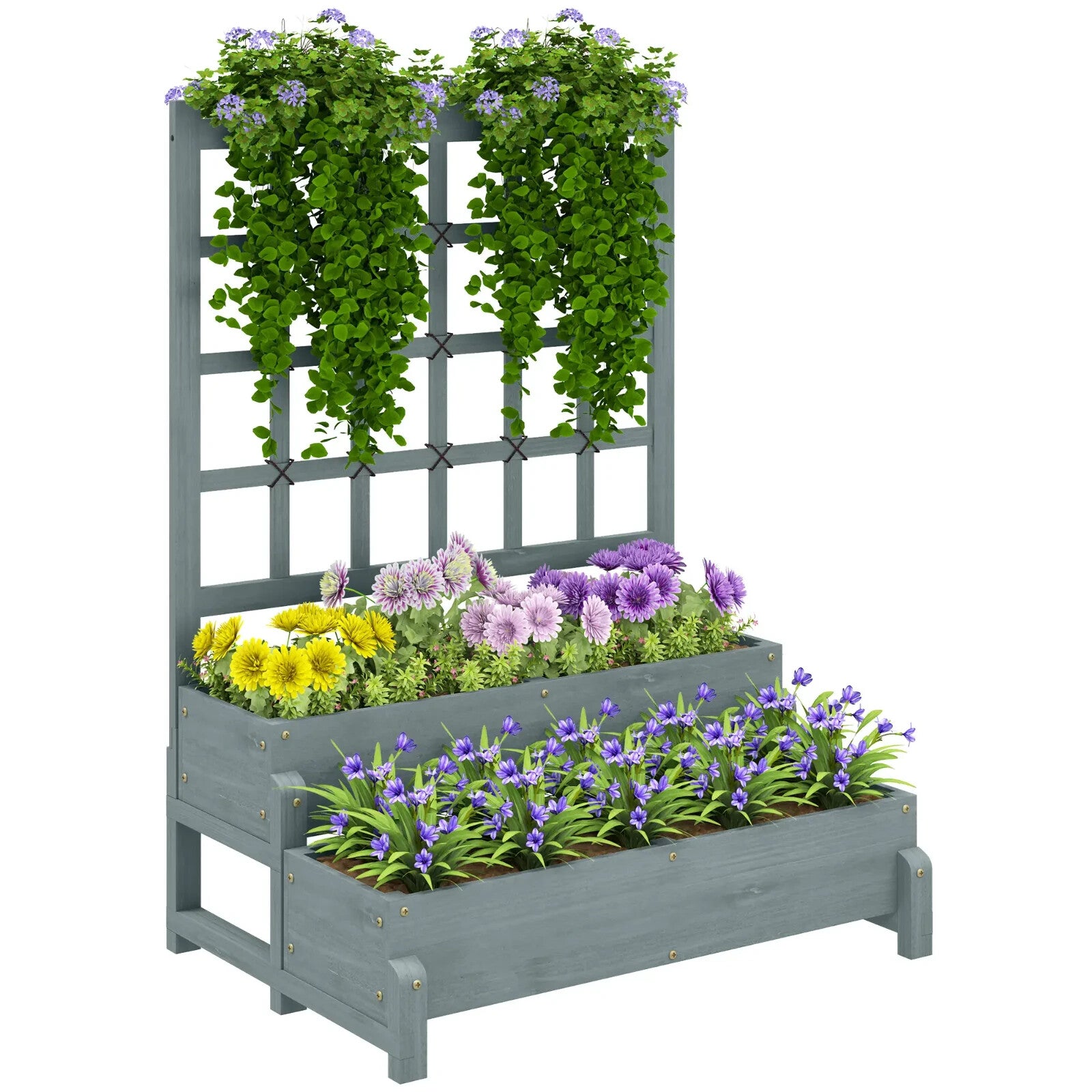 2 Tier Raised Garden Bed, Trellis Wooden Planter Box Outdoor Raised w/ Drainage