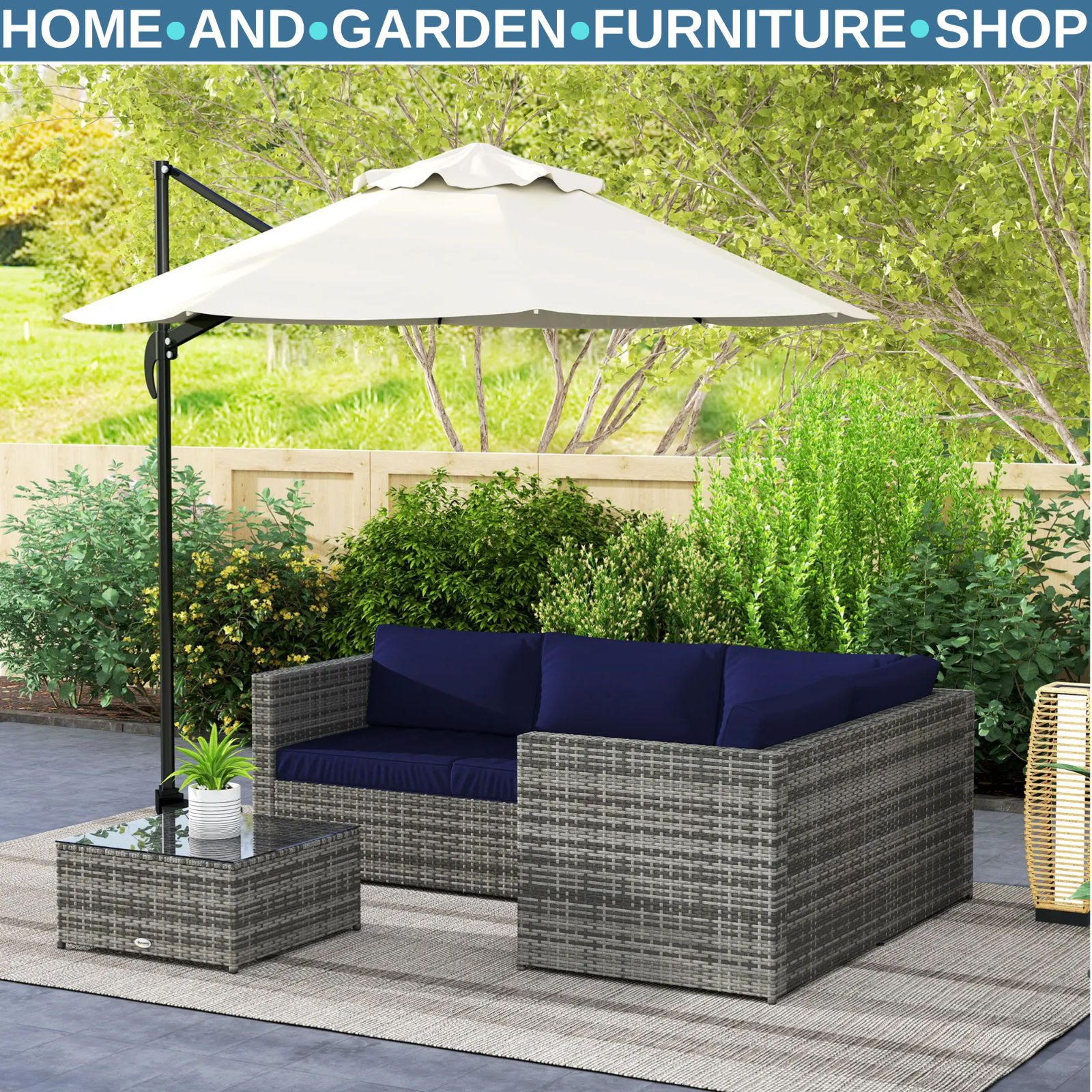 3 Piece Rattan Garden Furniture Set w/Cushion 4 Seater Corner Sofa & Glass Table