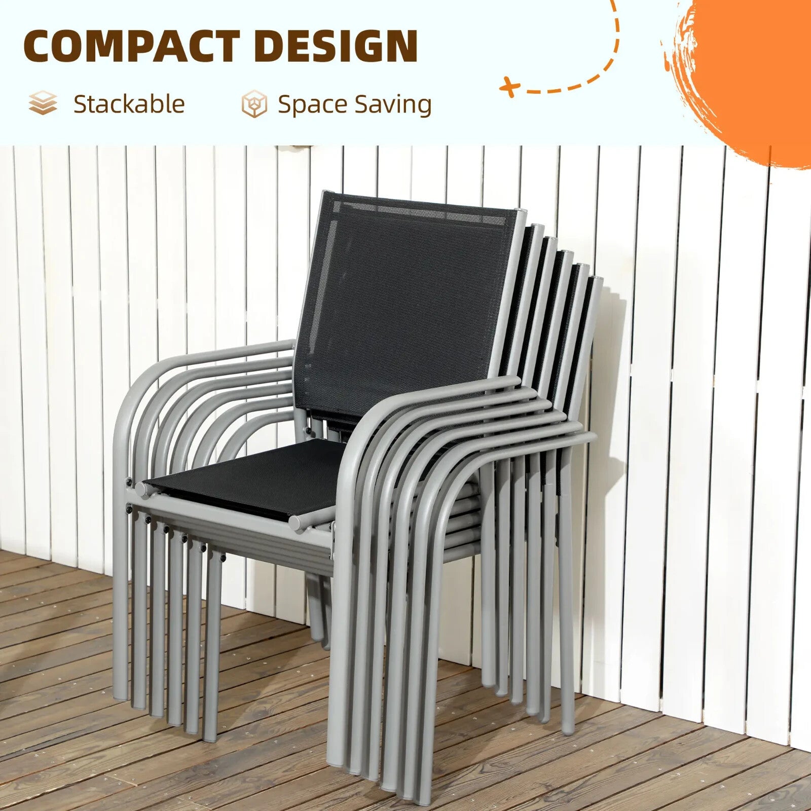 7 Piece Garden Dining Set with Glass Table and 6 Stackable Mesh Chairs Outdoor