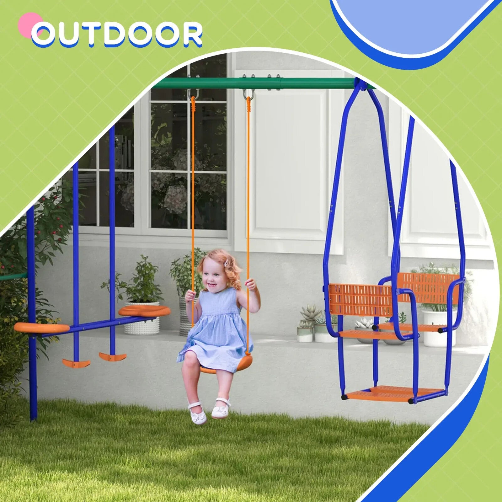 3 in 1 Metal Kids Swing Set with Glider Rocking Chair & Outdoor Swing for Garden