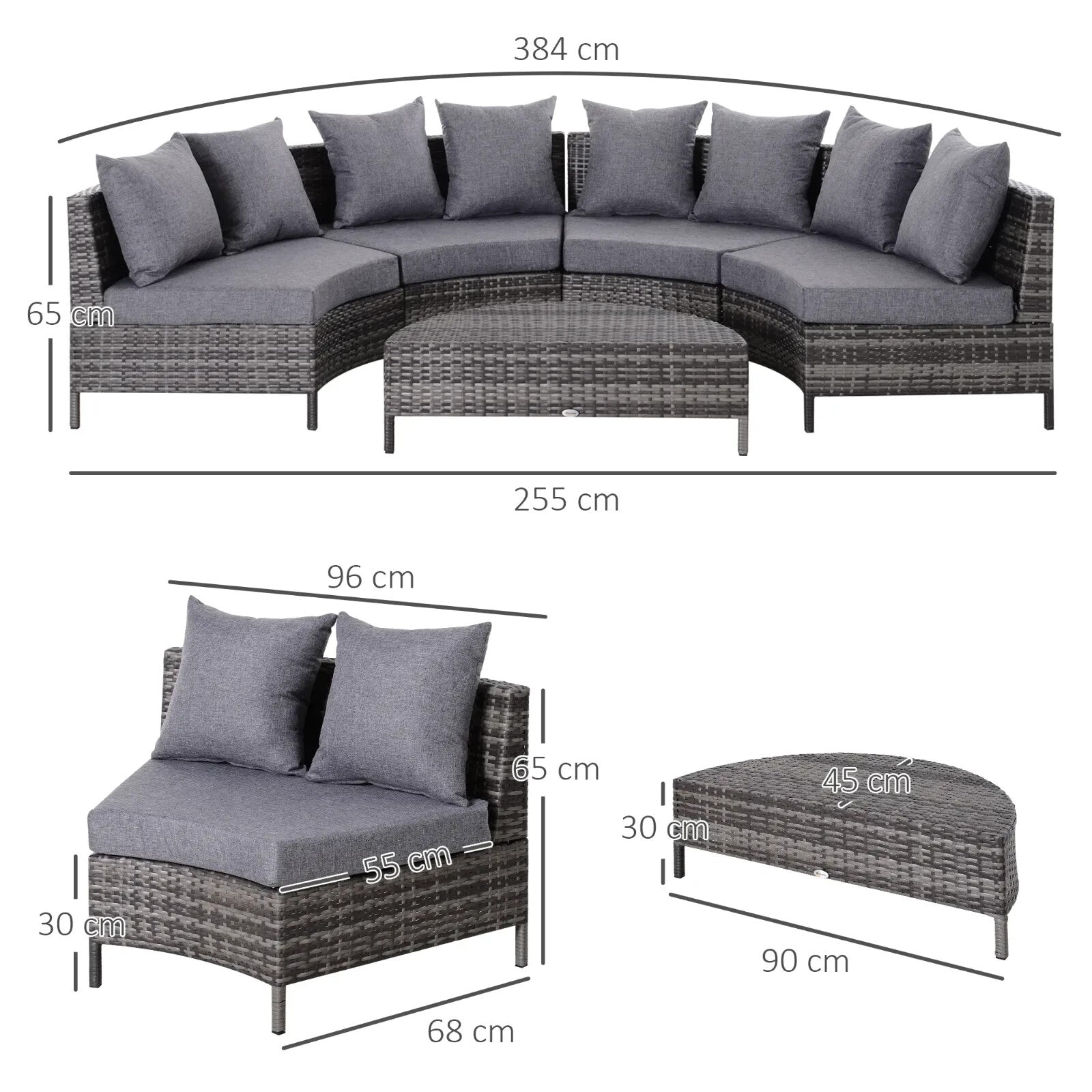 Garden Rattan Furniture 4 Seaters Half-round Patio Outdoor Sofa & Table - Grey