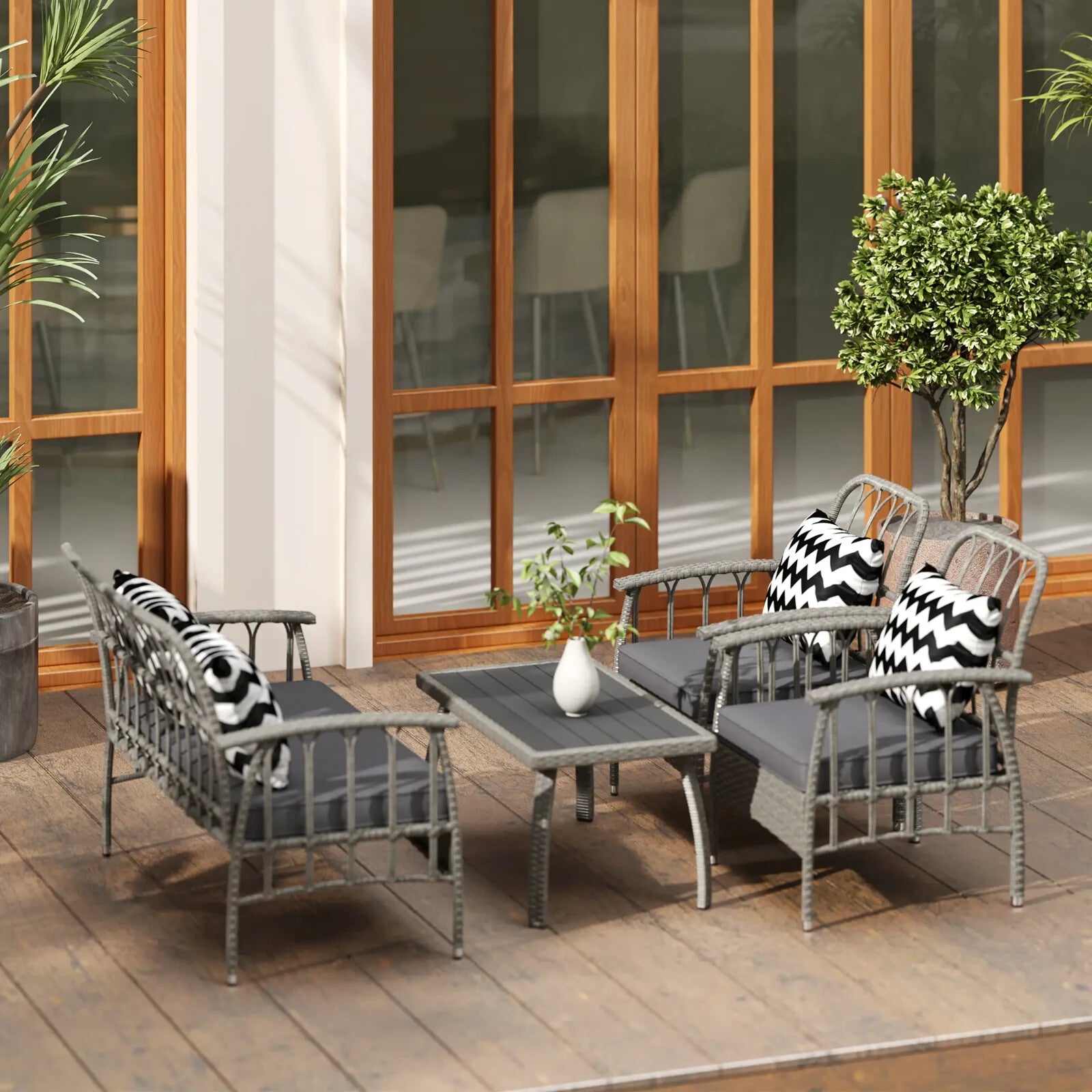 4 Piece Rattan Garden Furniture Set w/ Adjustable Back Loveseat & Outdoor Chairs