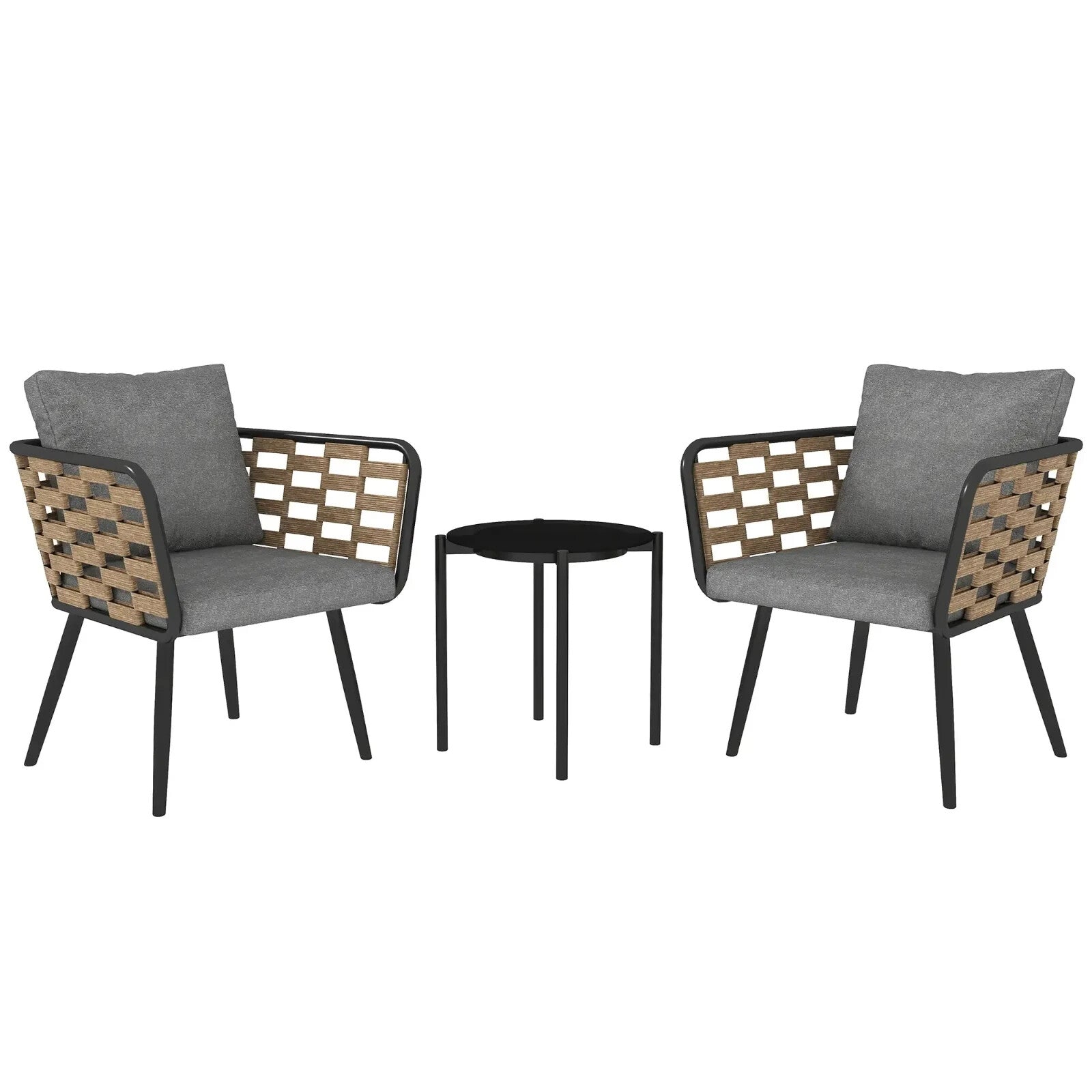 Bistro Set 3-Piece PE Rattan with Backrest Cushions & Tempered Glass Top Black