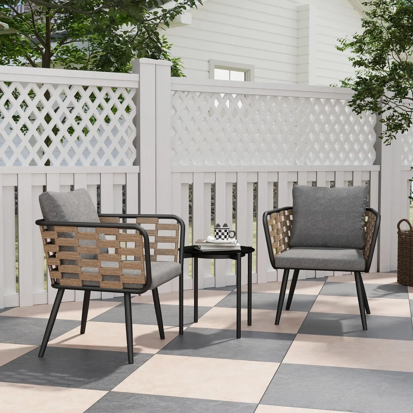 Bistro Set 3-Piece PE Rattan with Backrest Cushions & Tempered Glass Top Black