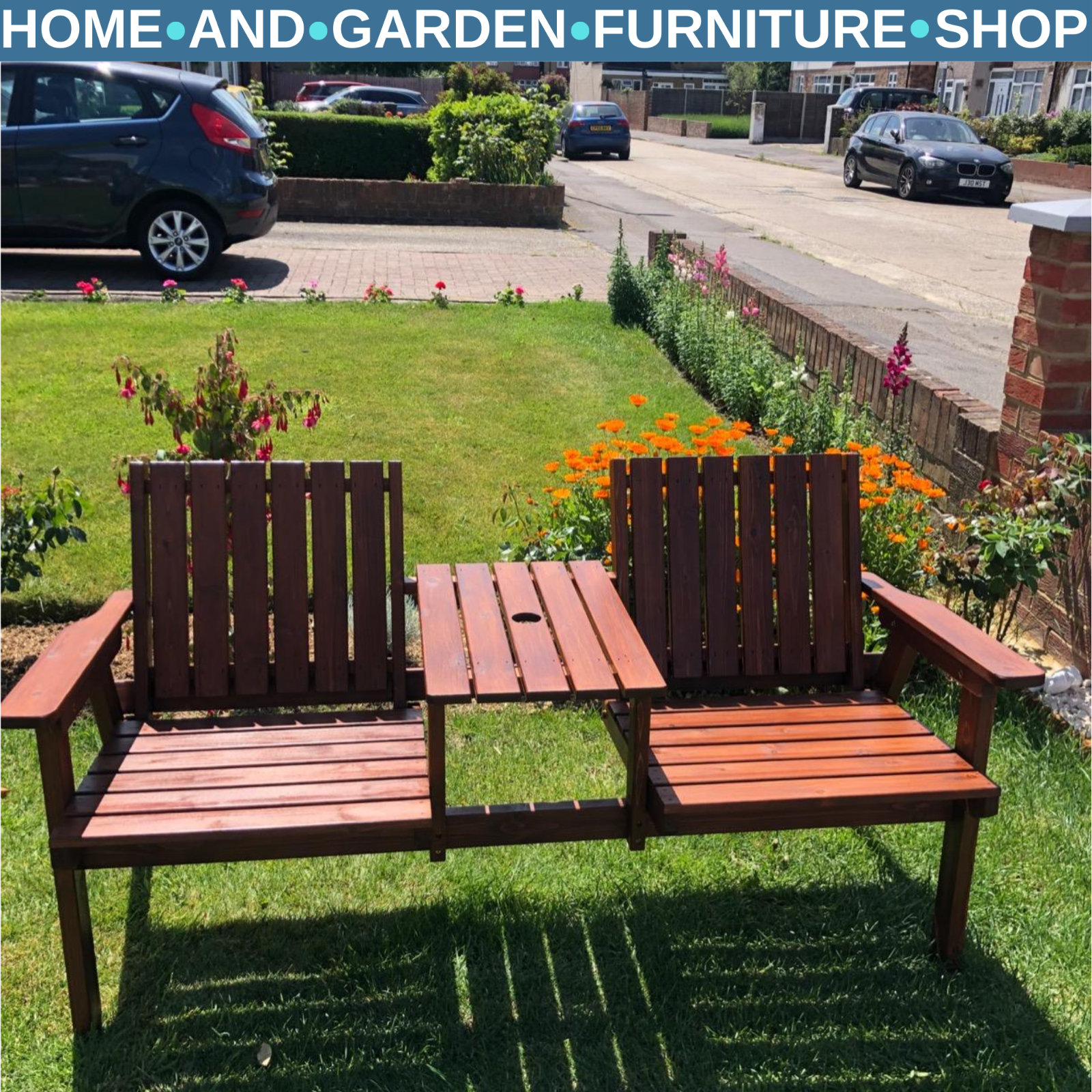 2 Seater Garden Bench with Table & Parasol Hole Wooden Loveseat for Patio Brown