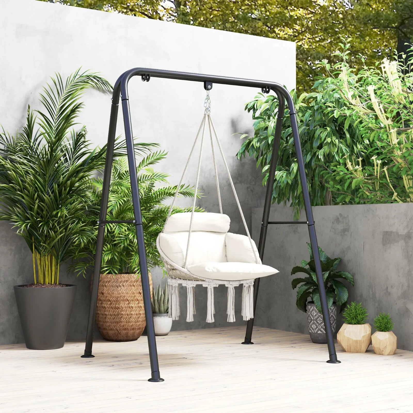 Hammock Hanging Chair Rope Swing with Padded Cushion & Adjustable Chain Cream