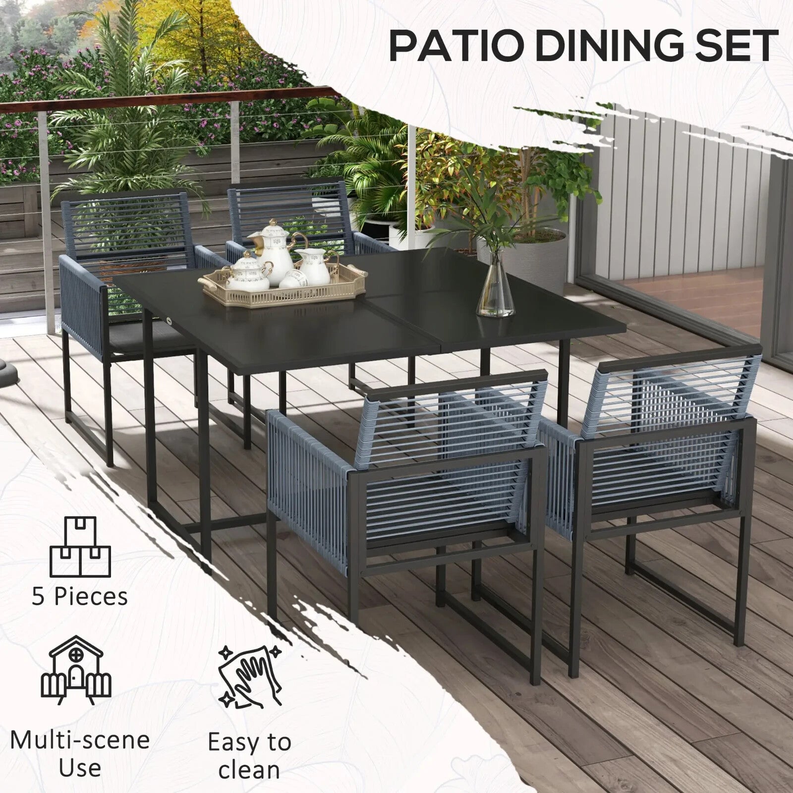 5 Piece Garden Dining Set w/ Foldable Chairs Patio Table 4 Seater Furniture Grey