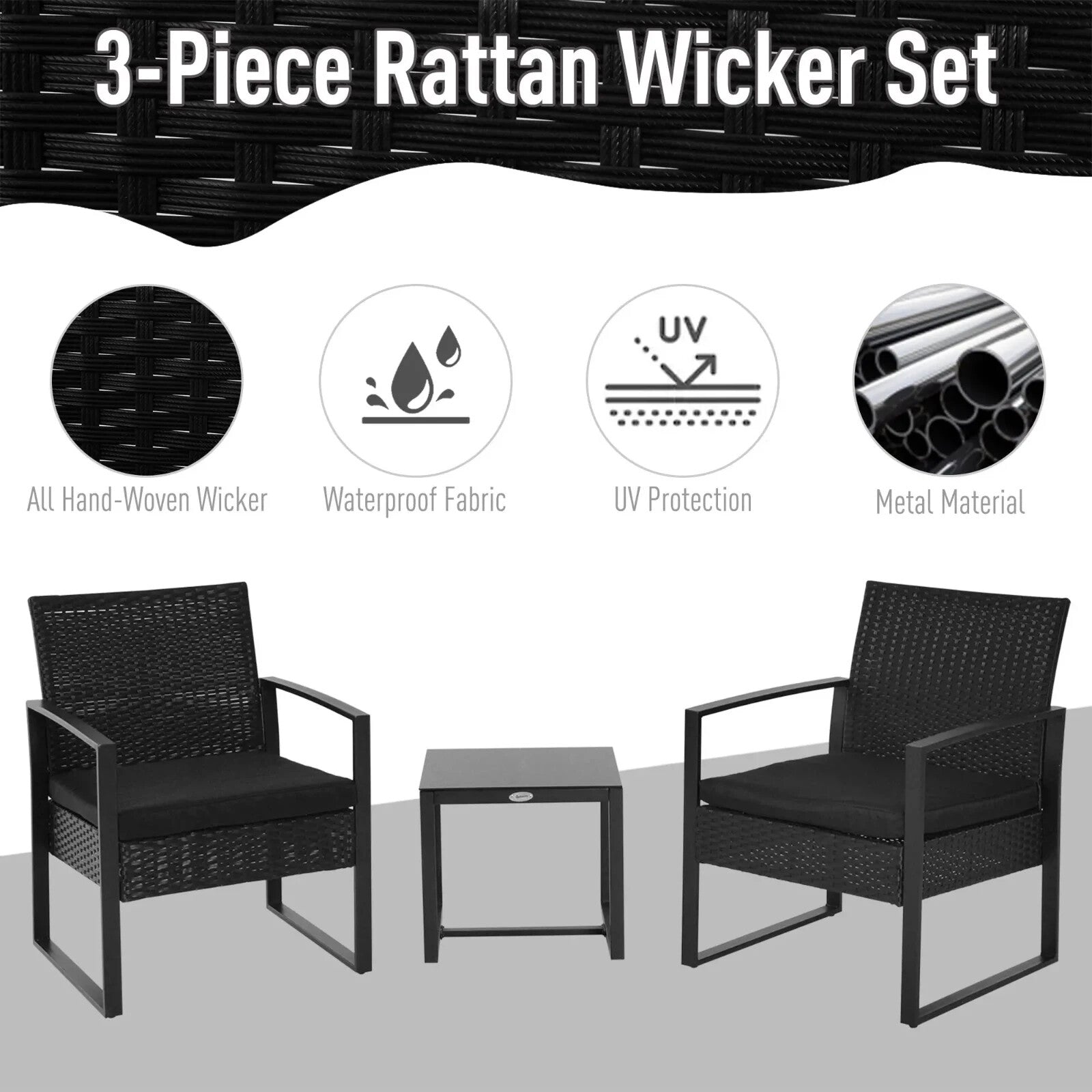 3PCs Patio Rattan Garden Bistro Set Coffe Table 2 Chairs Metal Outdoor Furniture