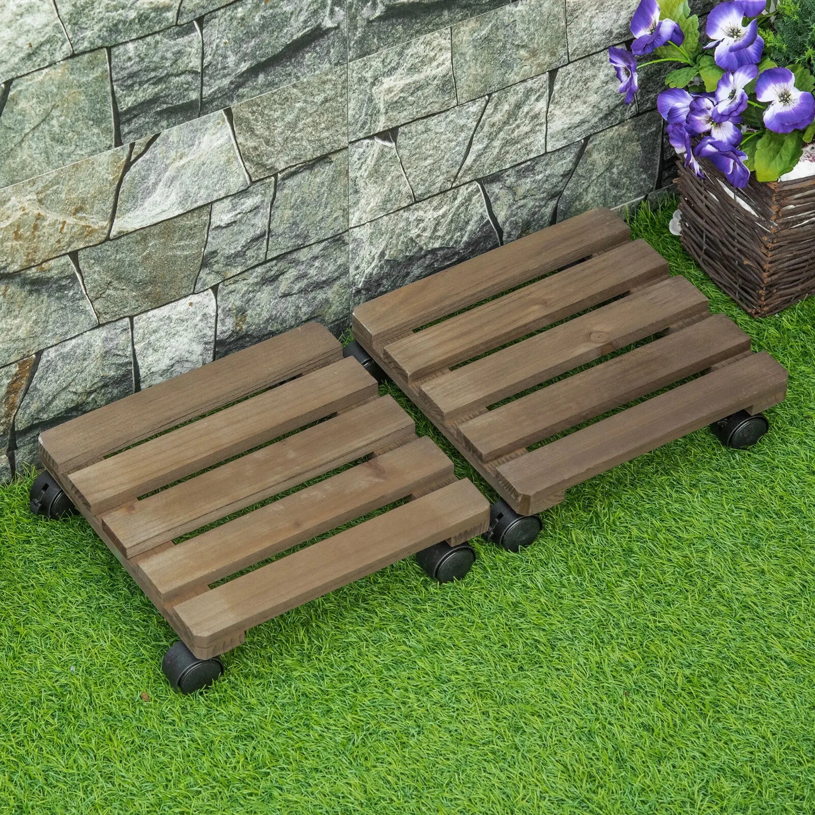 Flowerpot Holder Set of 2 Square Display Stand with Four Wheels Dark Brown
