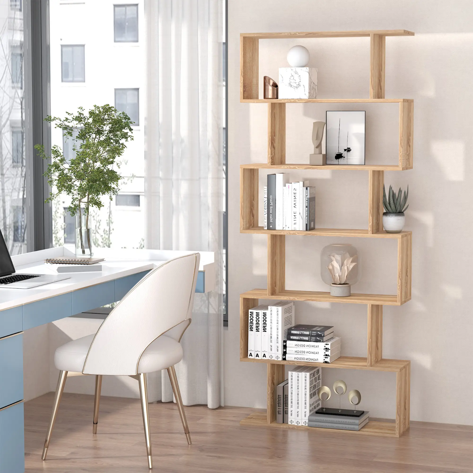 Large Wooden Bookcase S Shaped Bookshelf Storage Tall Display Shelf Oak Effect