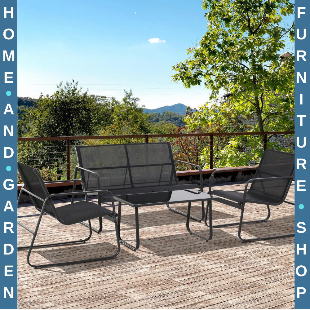 4 Piece Garden Furniture Set with Sofa Chairs & Glass Table Patio Seating Black