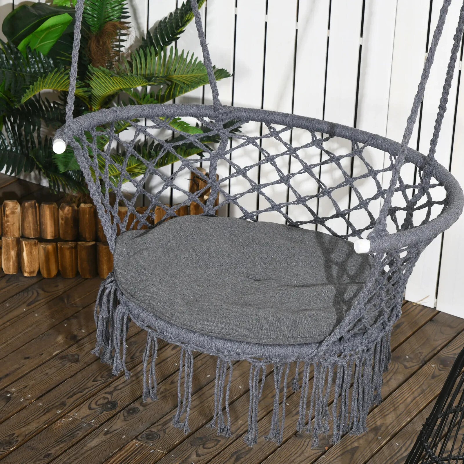 Hammock Hanging Chair Macrame Seat with Cotton Rope & Paddad Cushion Dark Grey