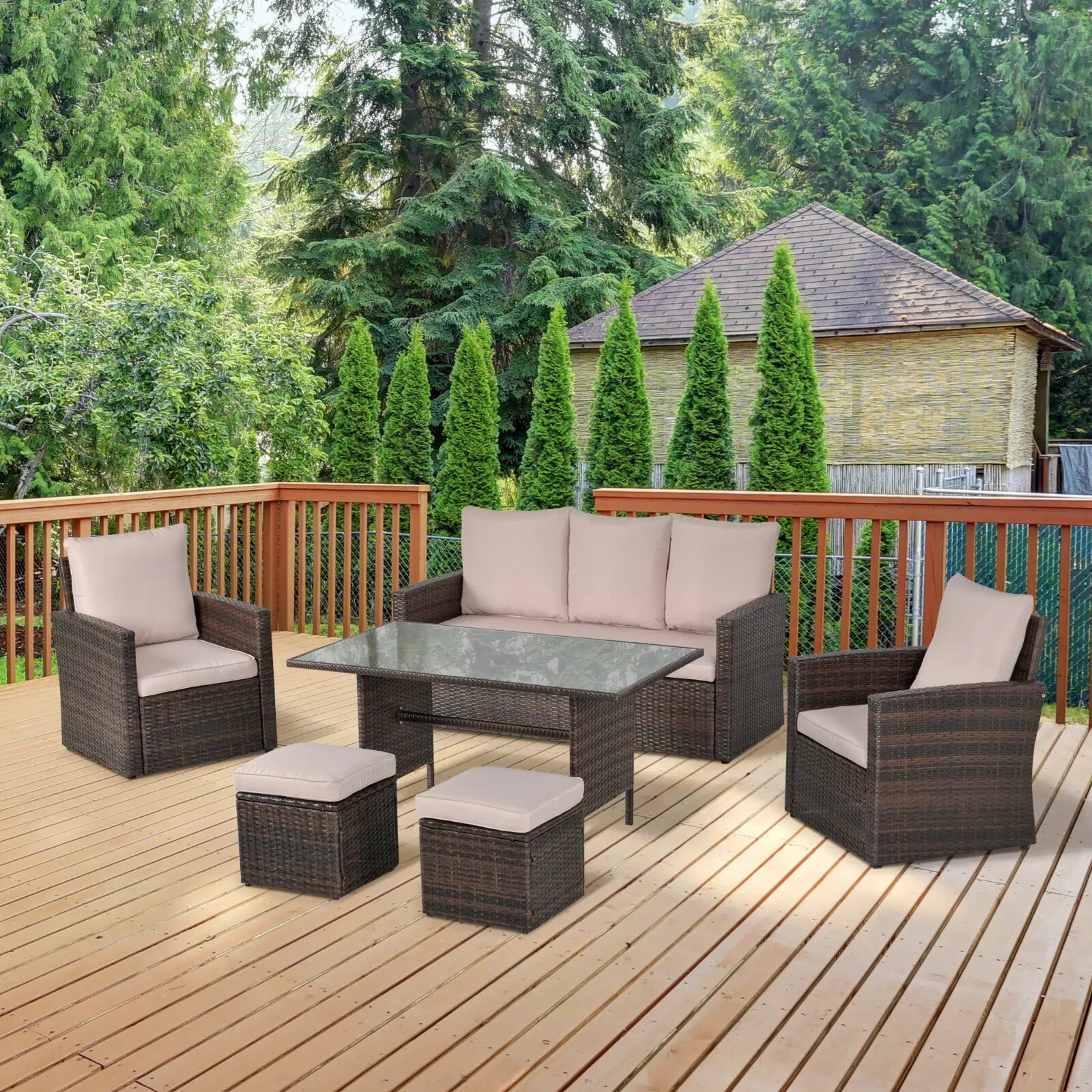 Brown Rattan Furniture Patio Sofa Set with Glass Dining Table & Chairs Cushion