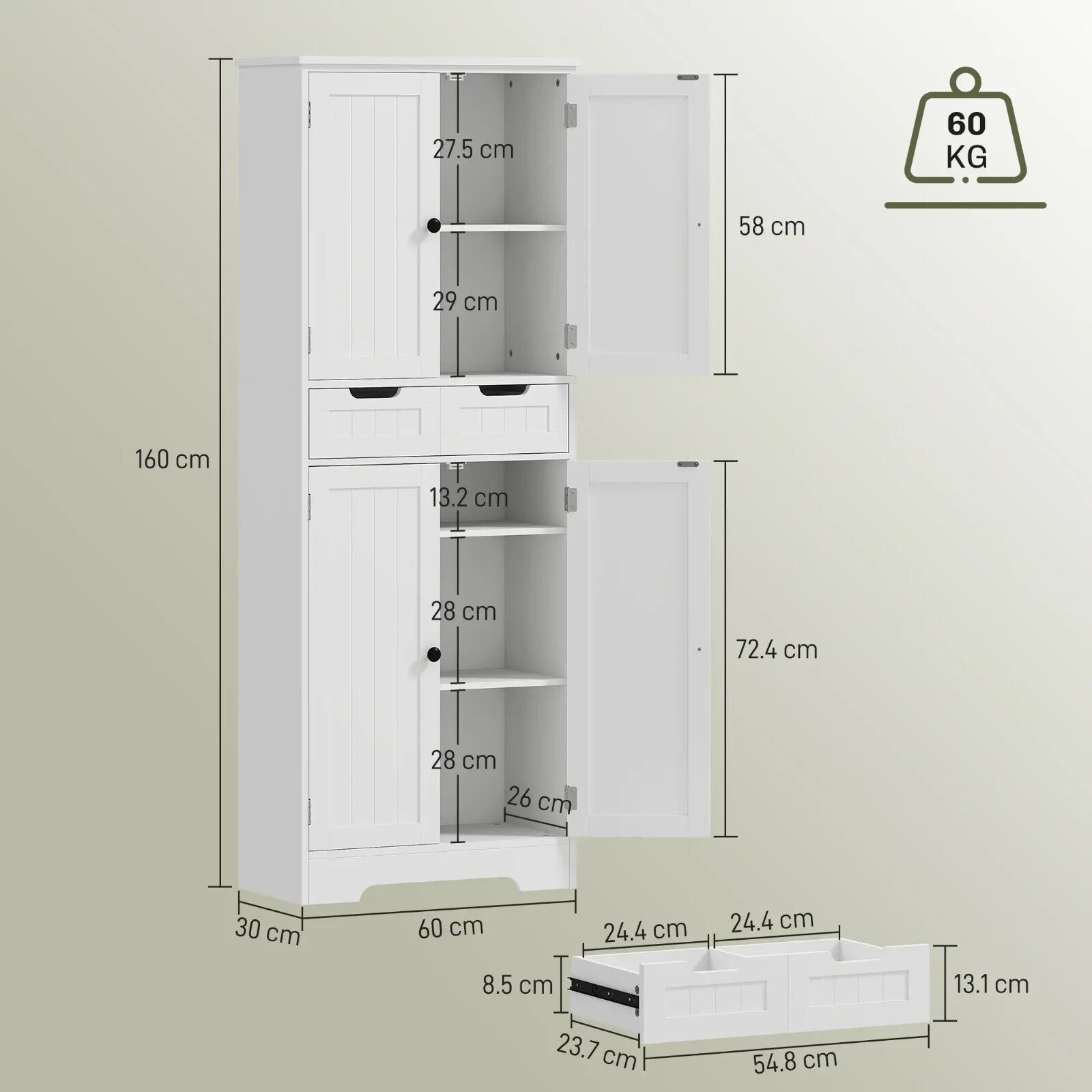 Bathroom Cabinet Tall Storage Cupboard With Drawer, Shelf and Doors White