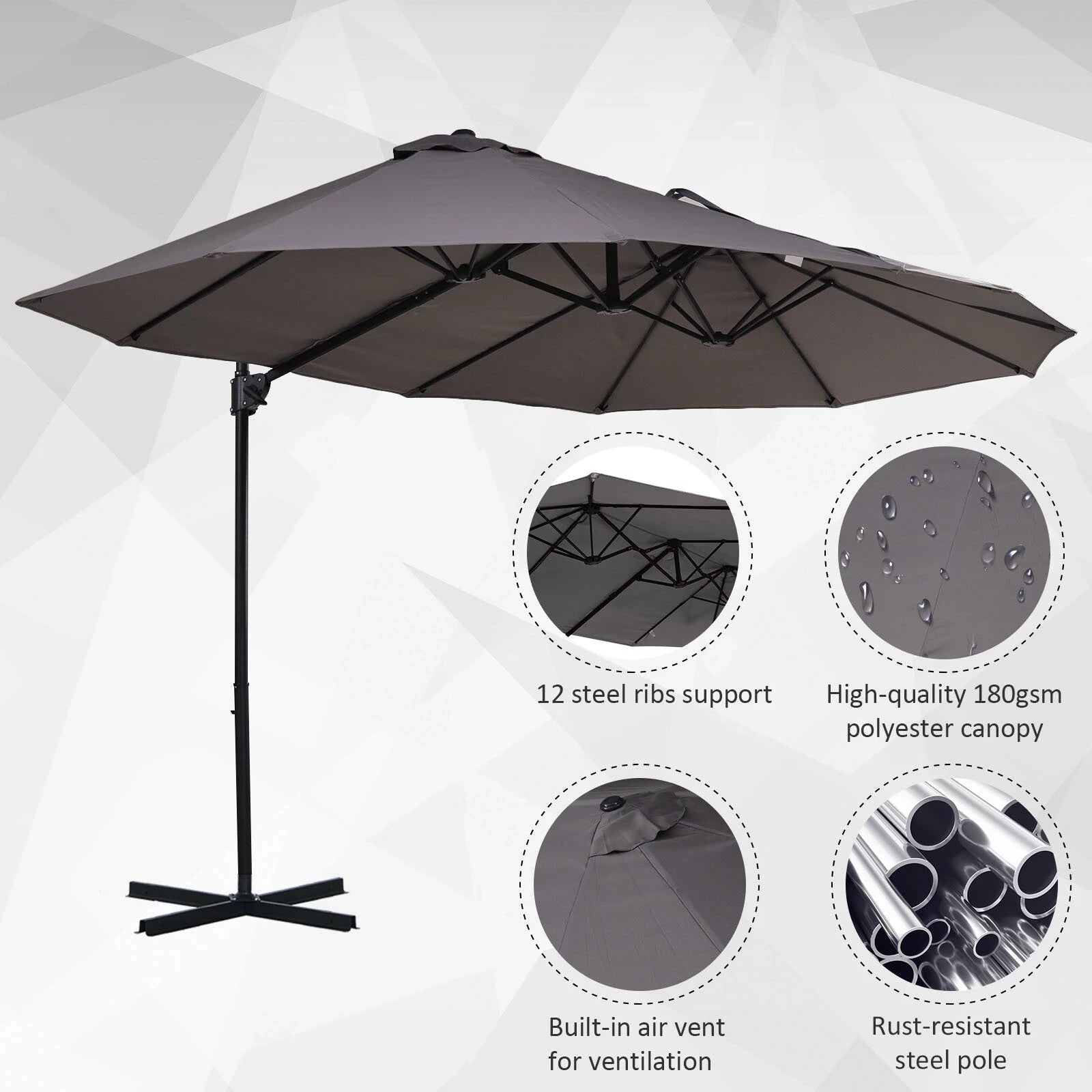 Double Canopy Offset Parasol Garden Umbrella with Steel Pole and 12 Ribs Shade