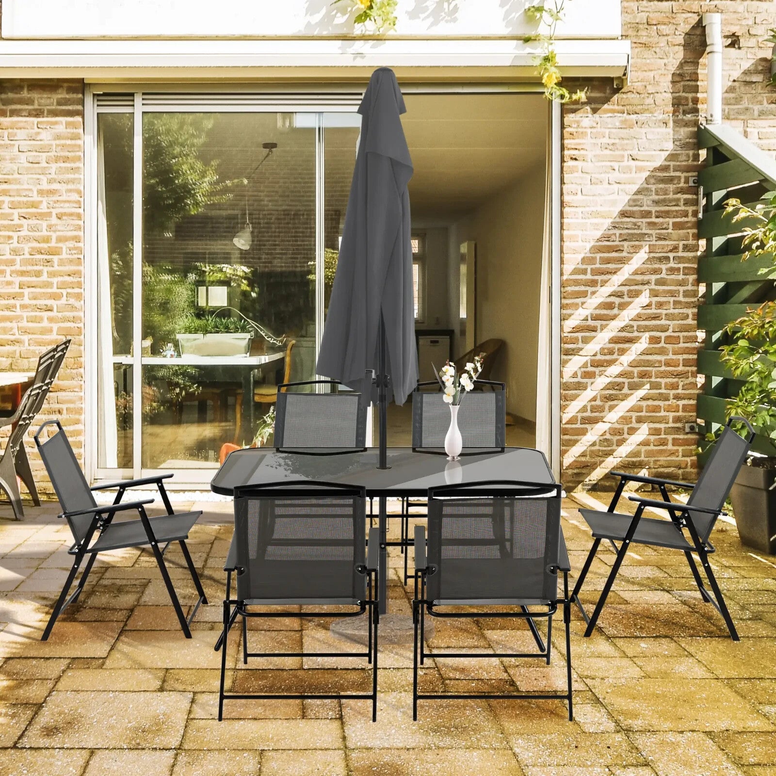 8 Pcs Metal Garden Furniture Set with Parasol Folding Chairs and 6 Seater Table