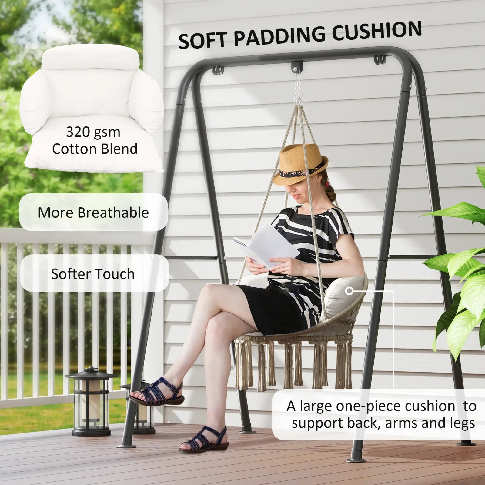 Hammock Hanging Chair Rope Swing with Padded Cushion & Adjustable Chain Cream