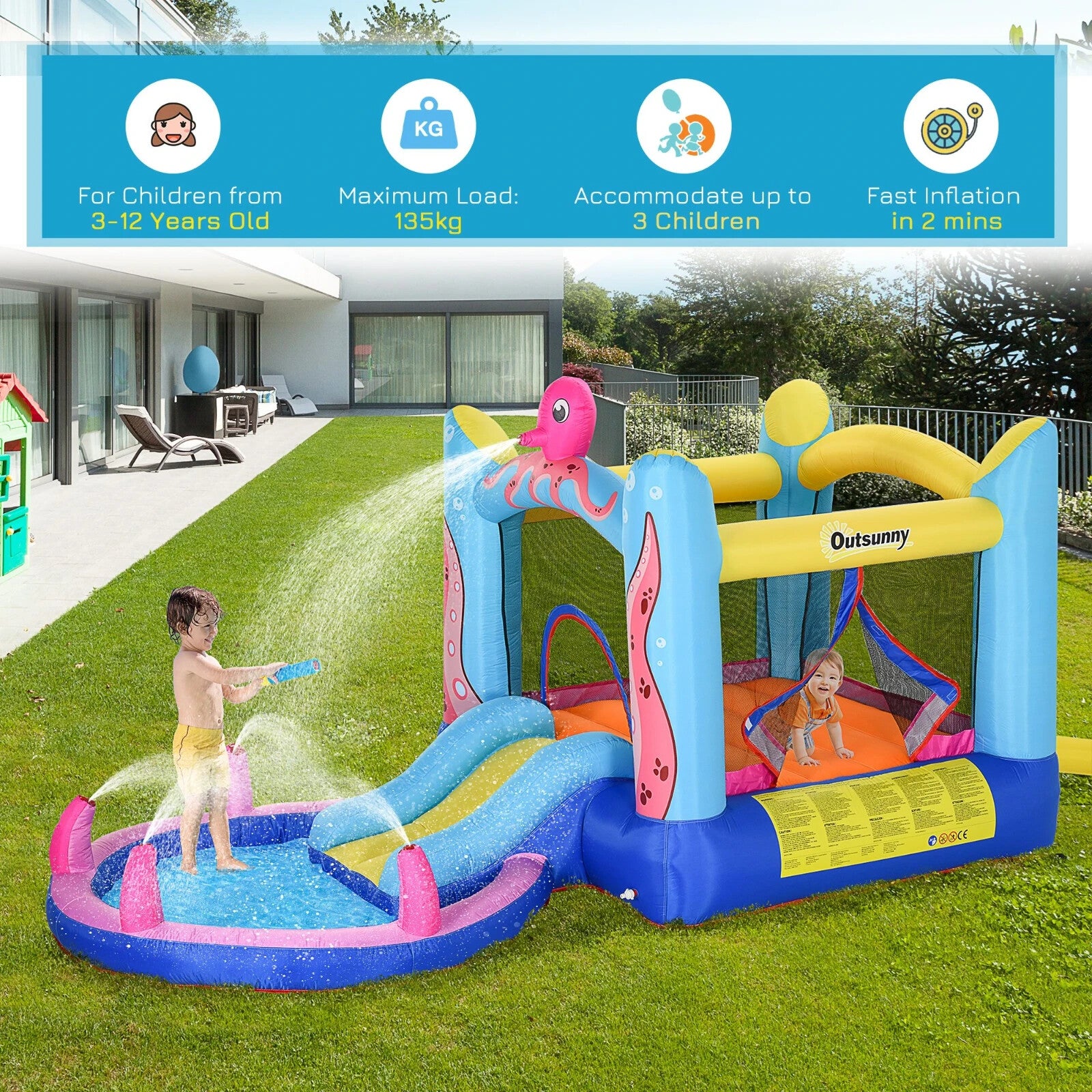Inflatable Octopus Bounce Castle with Trampoline Slide and Pool 3.8 x 2 x 1.8m