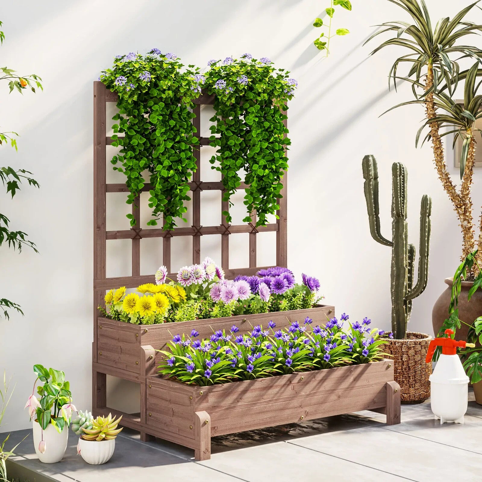2 Tier Raised Wooden Garden Planter Box with Trellis & Drainage Hole Outdoor Bed