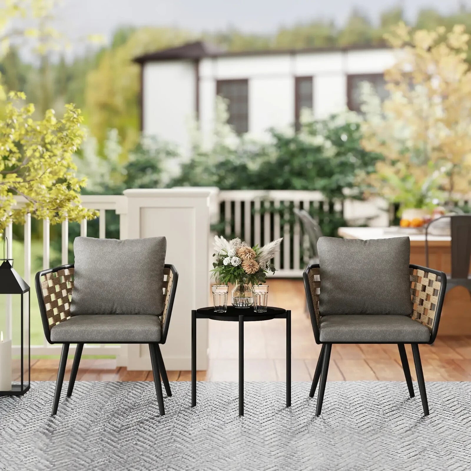 Bistro Set 3-Piece PE Rattan with Backrest Cushions & Tempered Glass Top Black