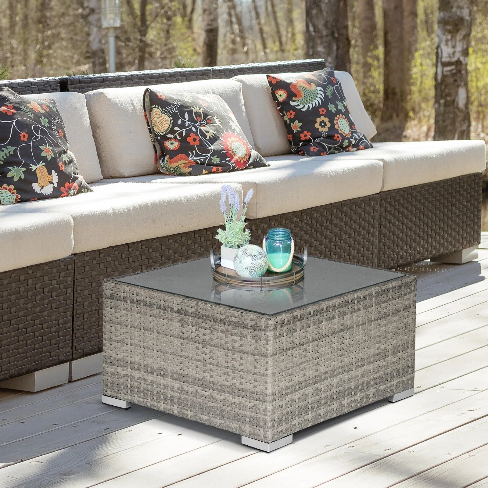 Wicker Garden Coffee Table w/ Glass Top Outdoor Patio Furniture for Yard or Deck