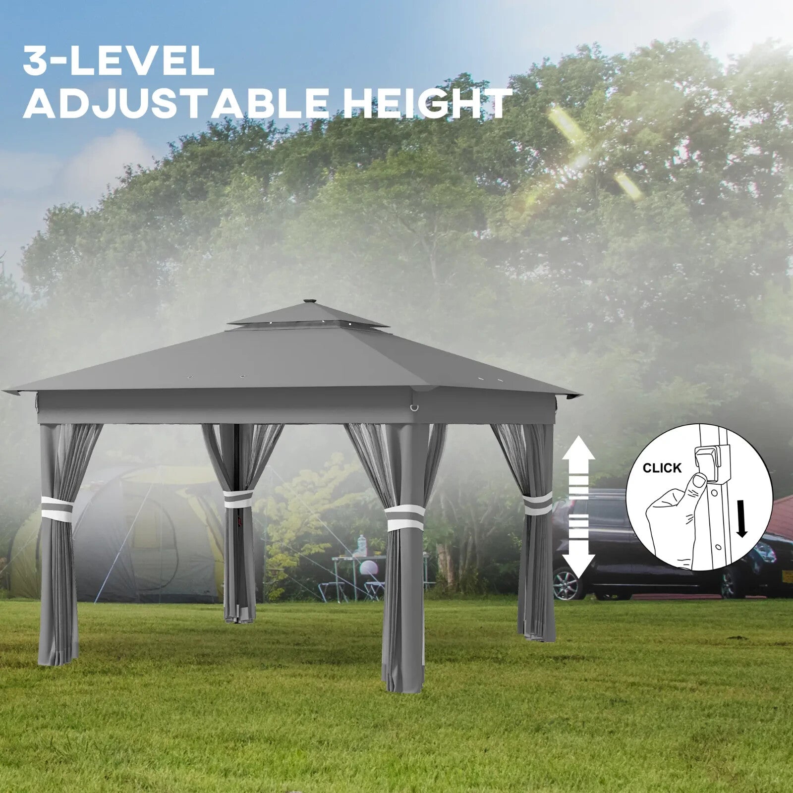 3x3m Pop Up Gazebo with Solar LED Lights Netting Curtain Patio Garden Party Tent
