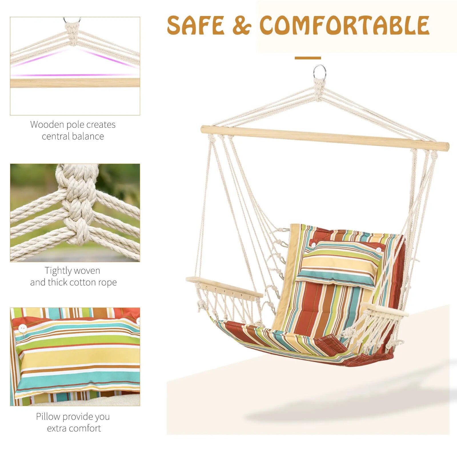Hammock Hanging Chair Thick Rope Structure w/ Padded Pillow Multi-Colour Stripe