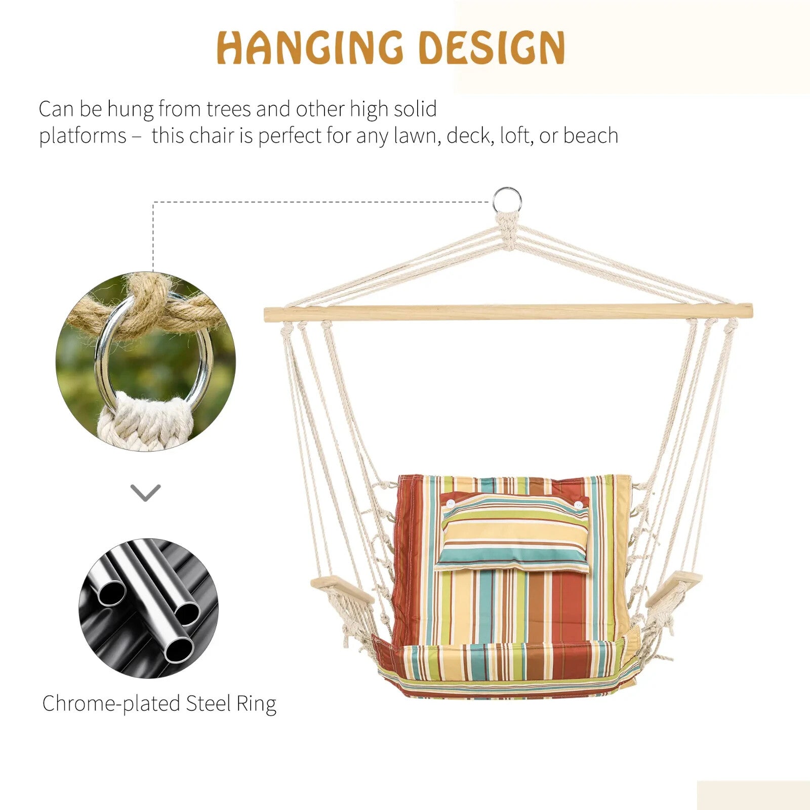 Hammock Hanging Chair Thick Rope Structure w/ Padded Pillow Multi-Colour Stripe