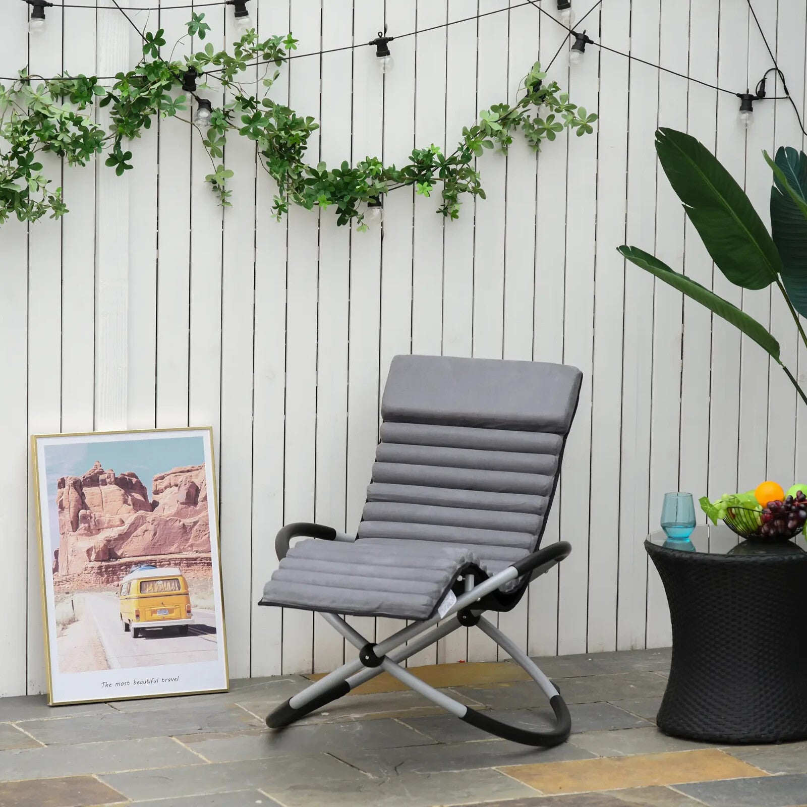 145cm Orbital Zero Gravity Rocking Lounger Chair with Cushion for Garden Grey