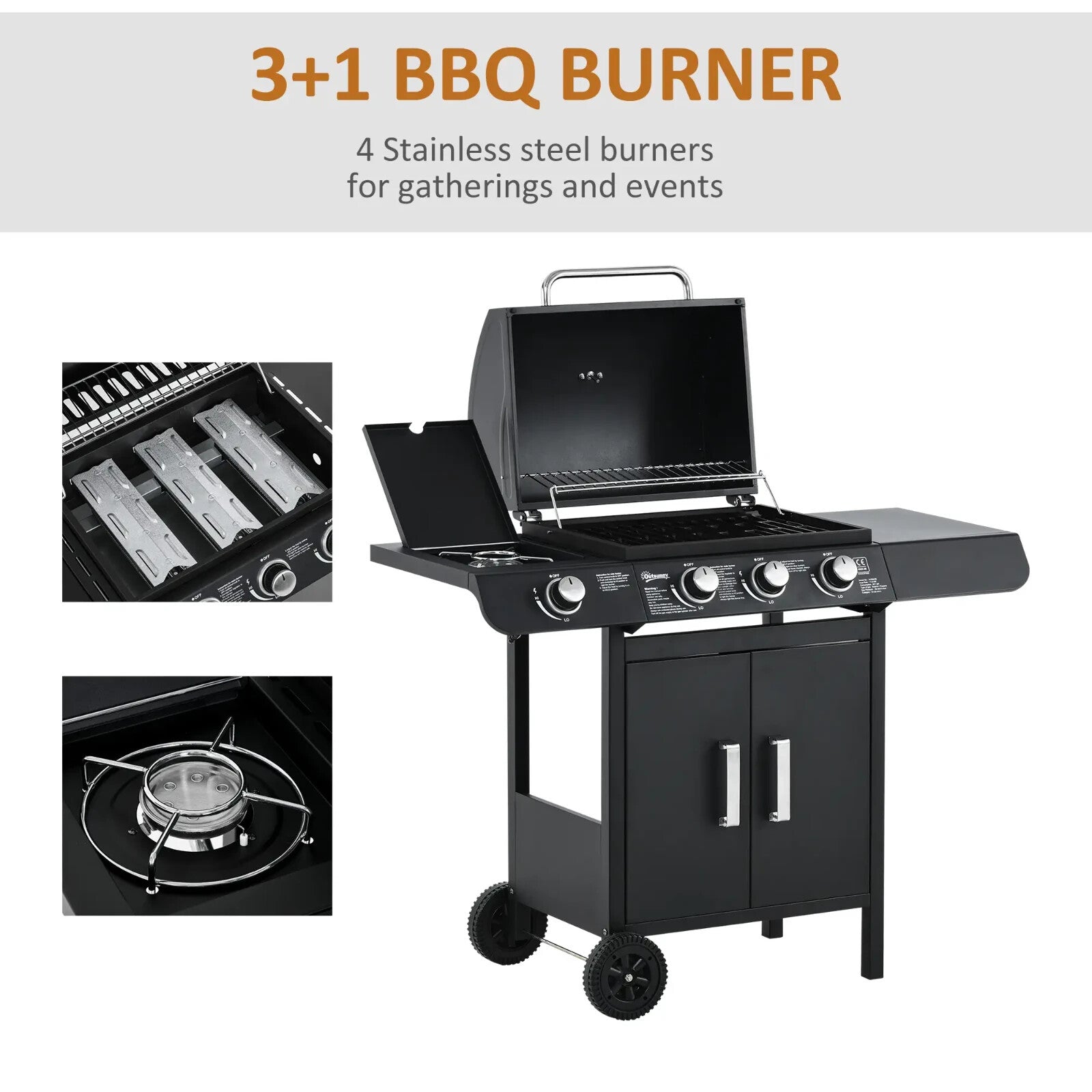3 and 1 Gas Barbecue Grill w/ Side Burner & Large Cooking Area for Garden BBQs
