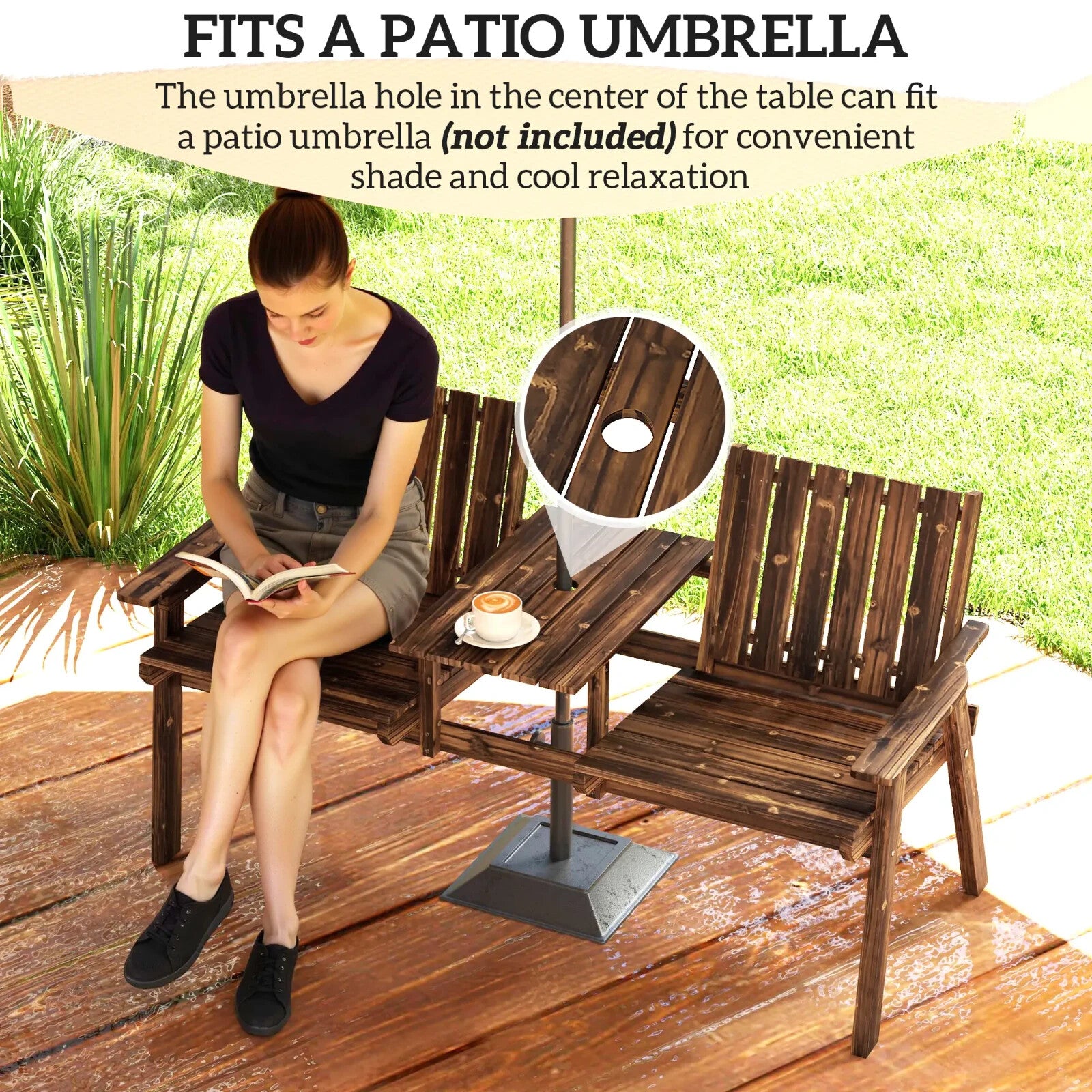 2 Seater Garden Bench with Table & Parasol Hole Wooden Loveseat for Patio Brown