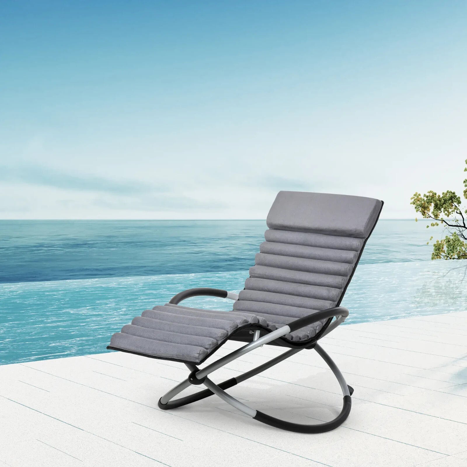 145cm Orbital Zero Gravity Rocking Lounger Chair with Cushion for Garden Grey