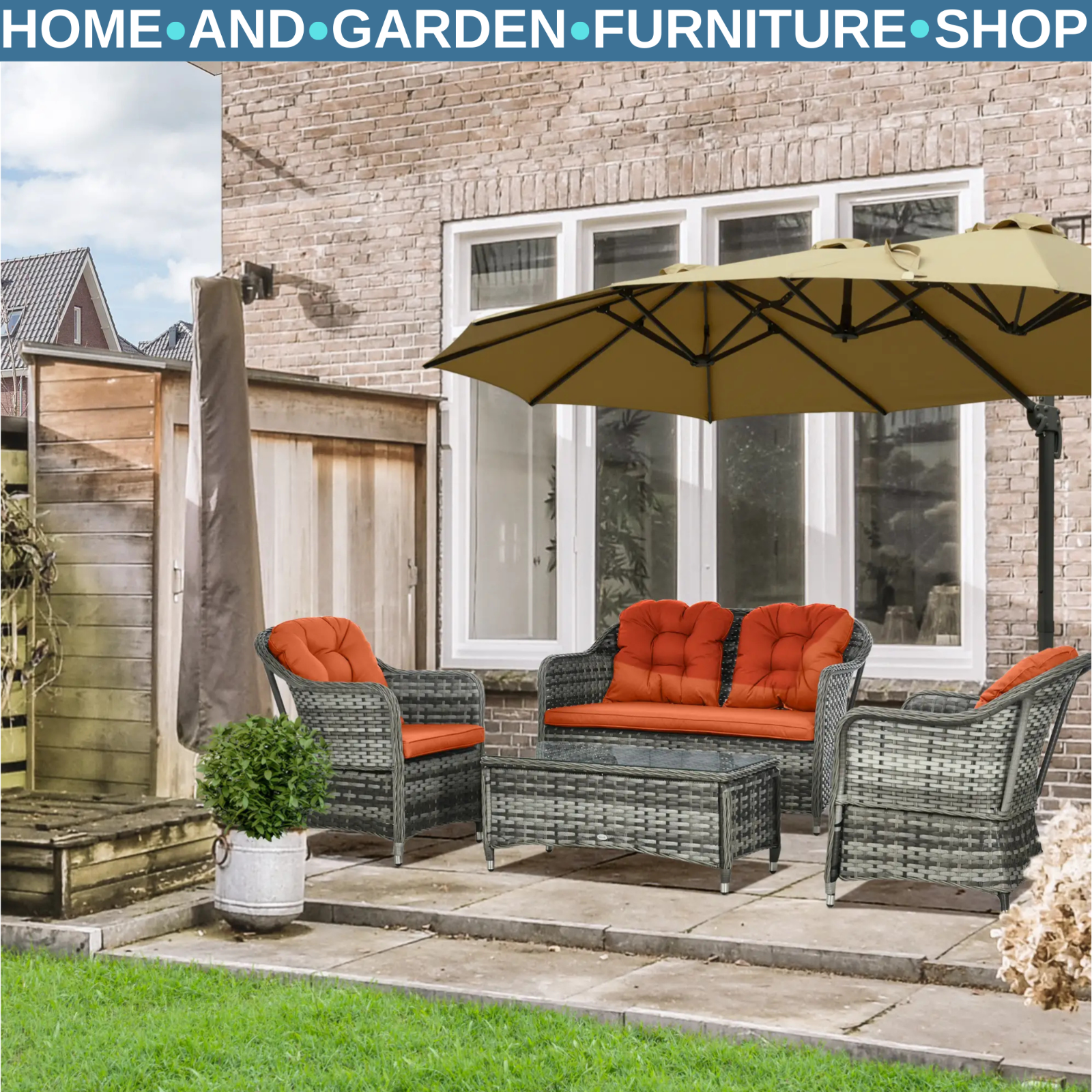 Four Pcs Rattan Sofa Set with Glass Top Table Garden Outdoor Patio Furniture Set
