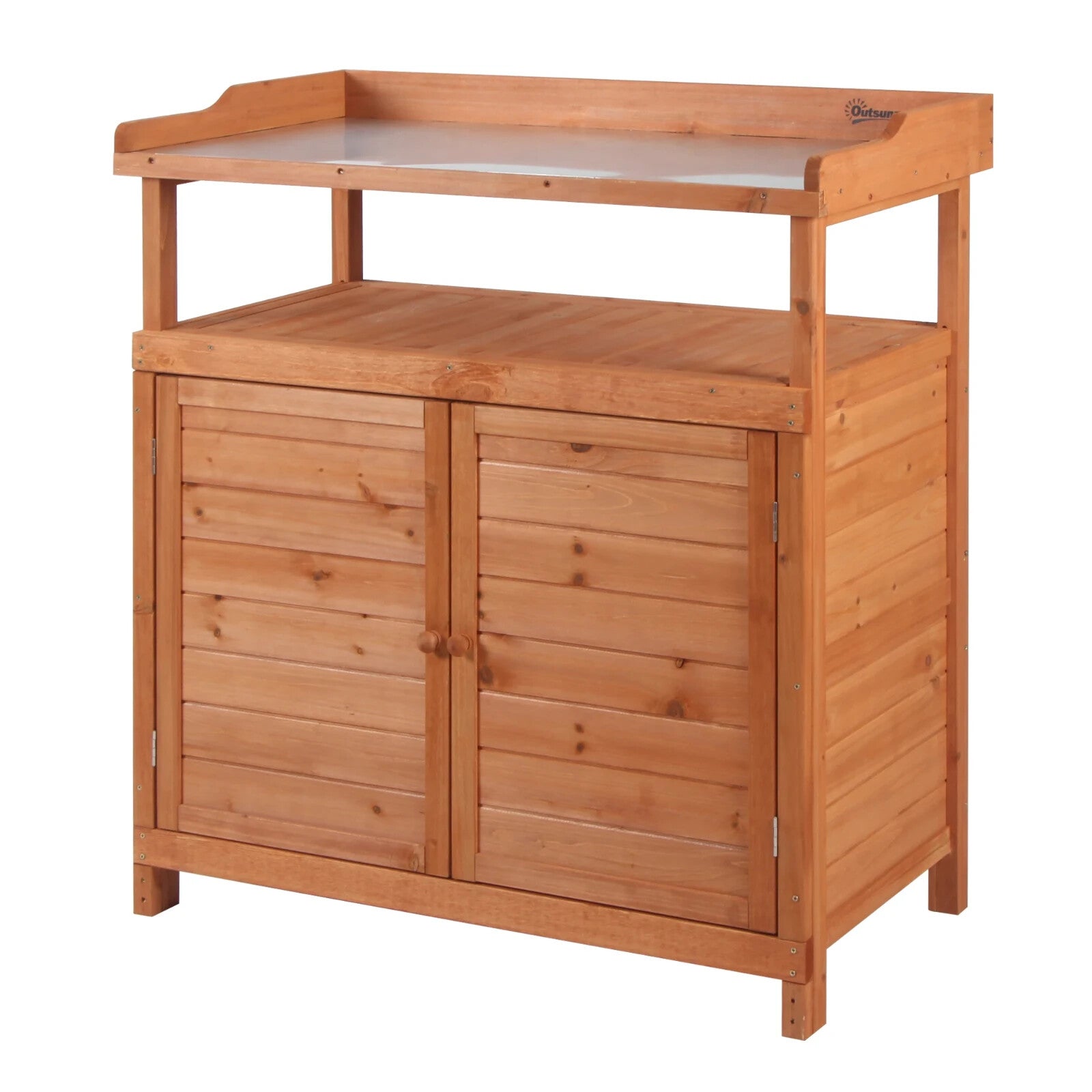 98 x 47 x 105cm Wooden Potting Bench Table with Storage Cabinet and Metal Top