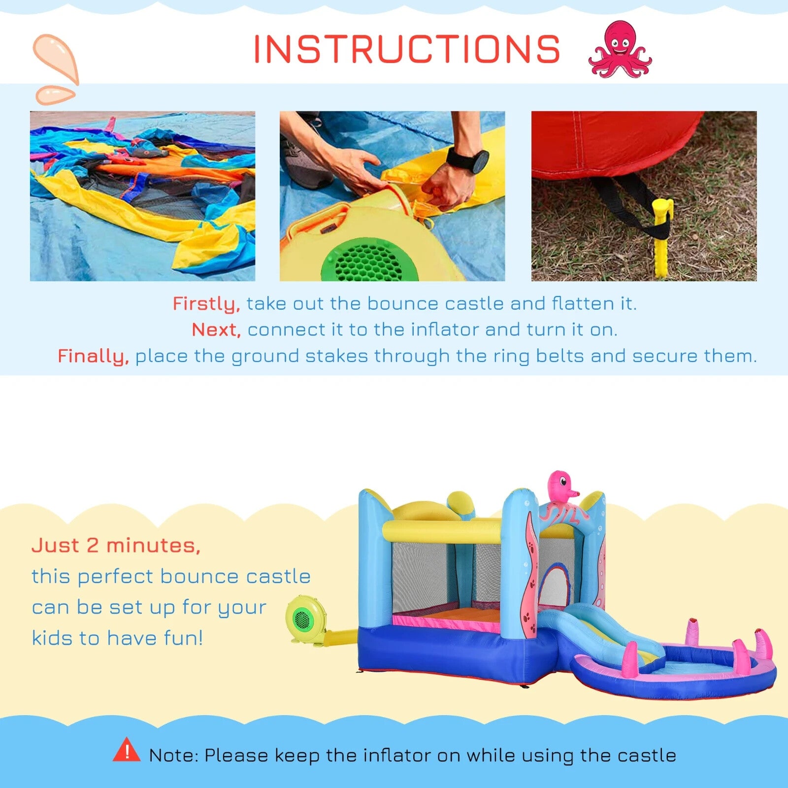Inflatable Octopus Bounce Castle with Trampoline Slide and Pool 3.8 x 2 x 1.8m