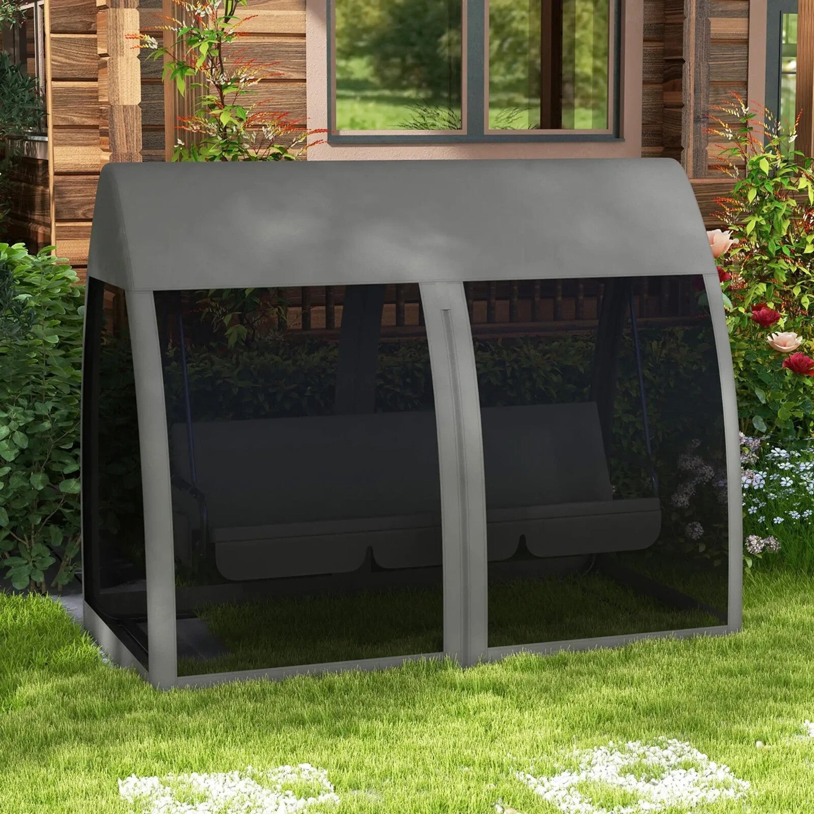 Hammock Swing Bench 3-Seater UV-Resistant Powder Coated with Mesh Canopy Grey