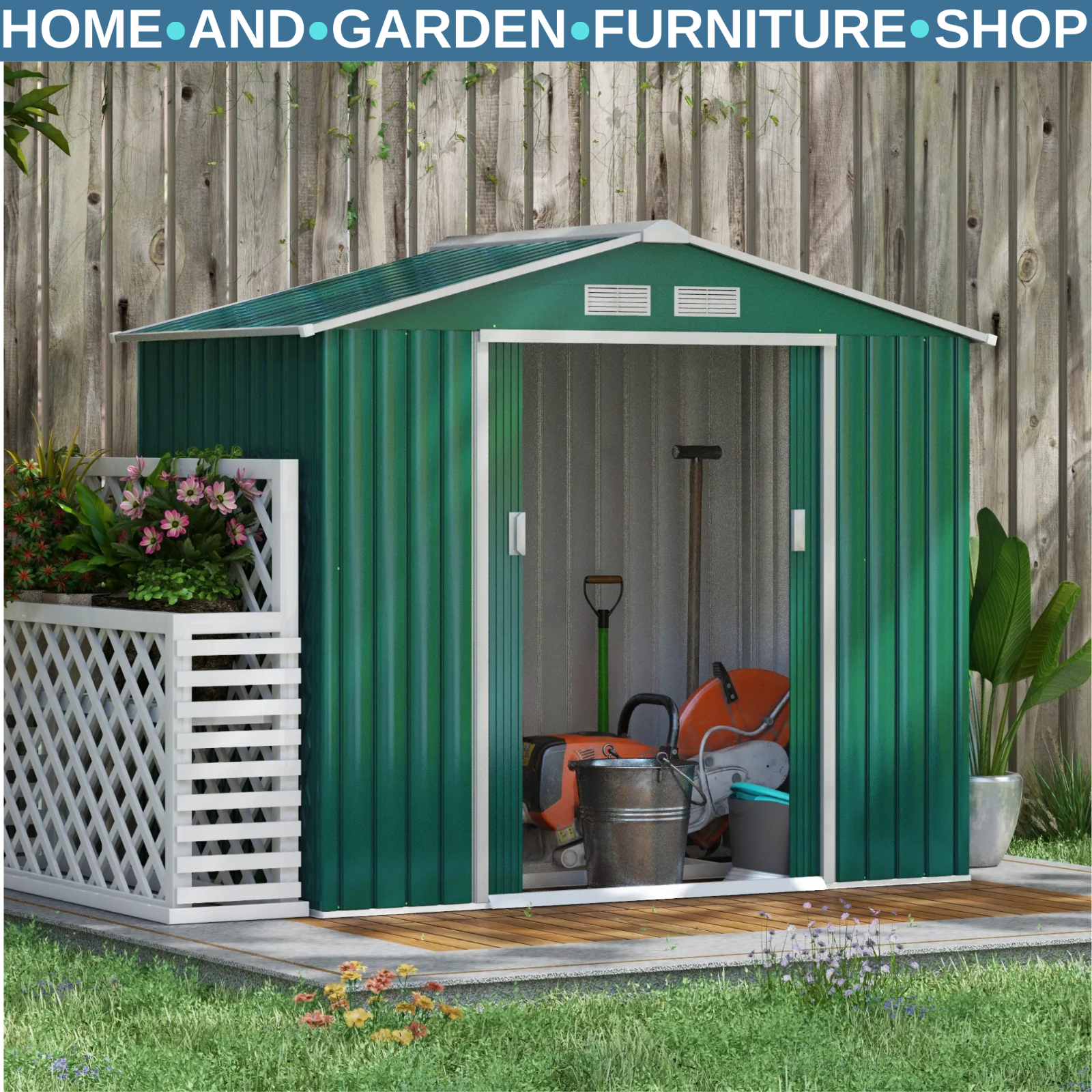 7 x 4ft Metal Garden Shed Storage with Foundation Kit and Vents Green Tool Shed