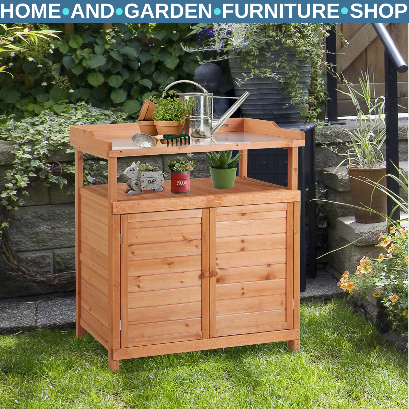 98 x 47 x 105cm Wooden Potting Bench Table with Storage Cabinet and Metal Top