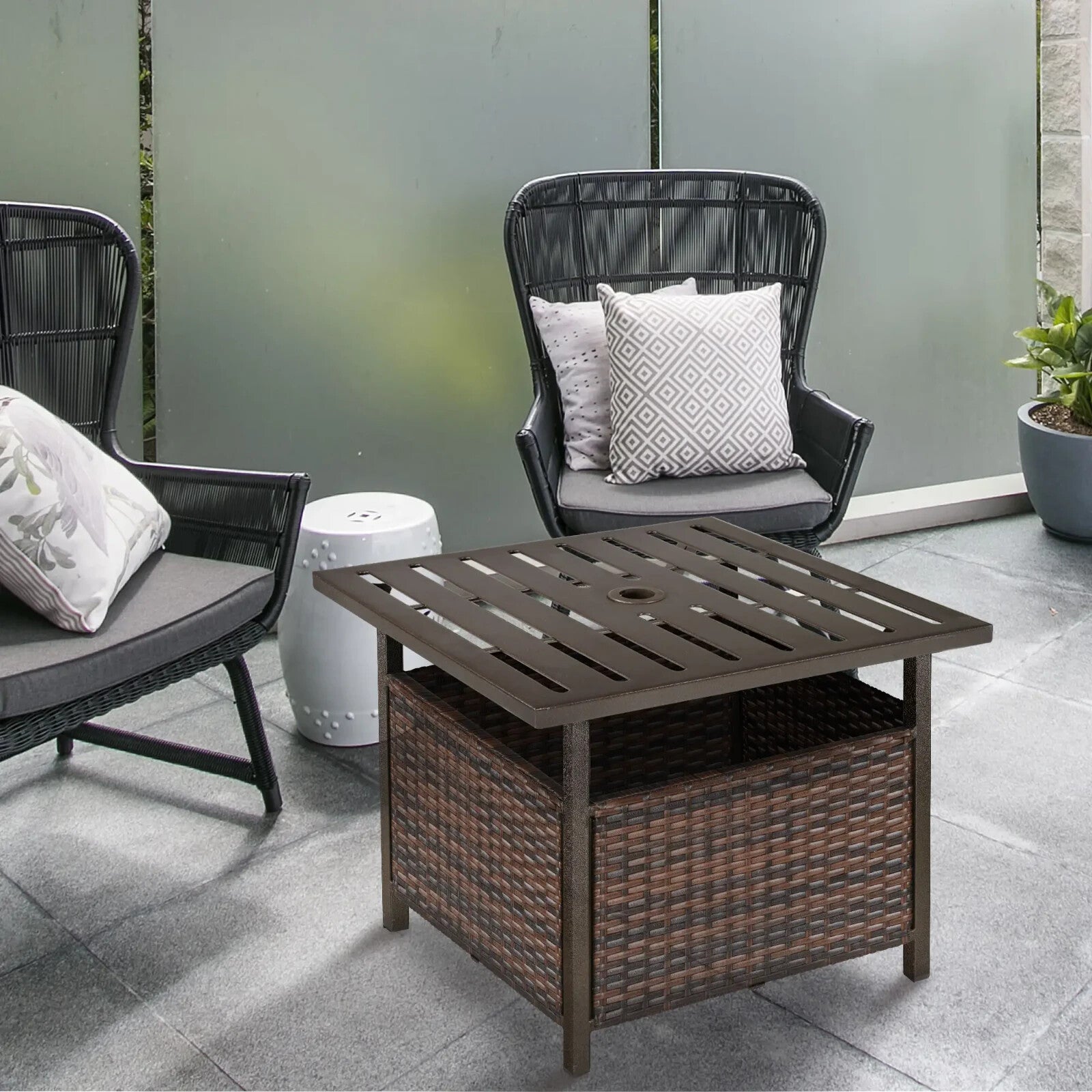 Rattan Wicker Outdoor Coffee Table with Umbrella Hole for Garden or Backyard Use