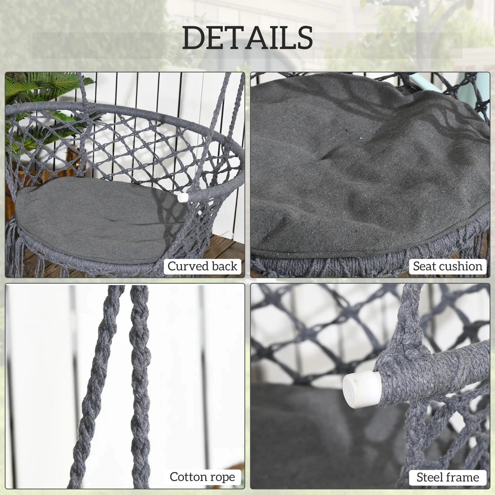 Hammock Hanging Chair Macrame Seat with Cotton Rope & Paddad Cushion Dark Grey